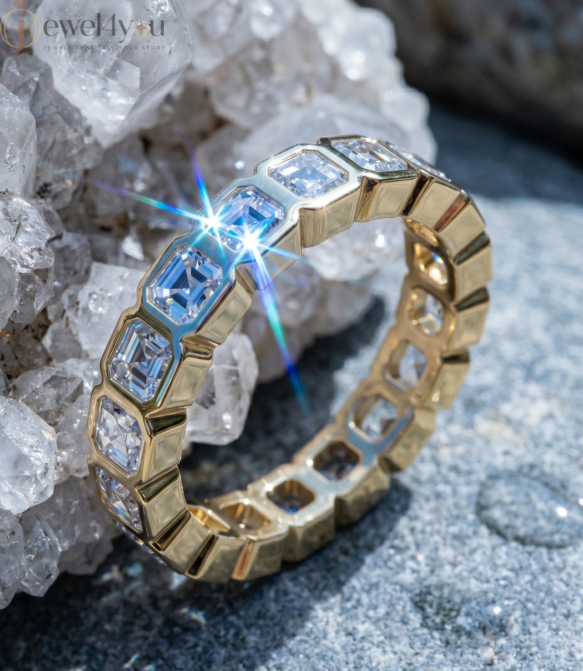 Yellow gold emerald-cut lab-grown diamond eternity band featuring bezel-set VVS to VS+ clarity D–F color diamonds around entire ring #YELLOW GOLD