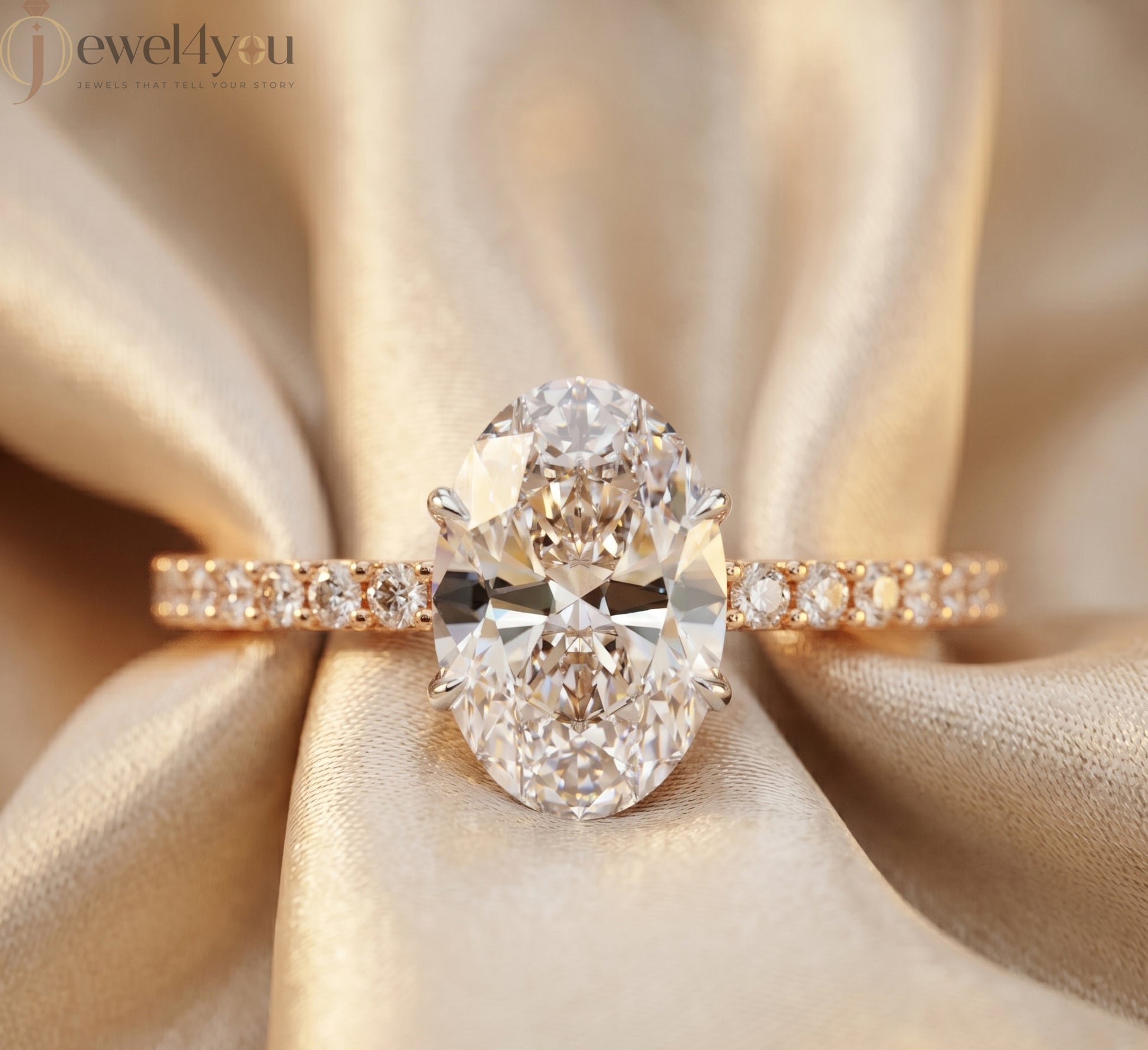 OVAL-CUT LAB-GROWN DIAMOND RING WITH ROUND-ACCENT BAND IN ROSE GOLD 