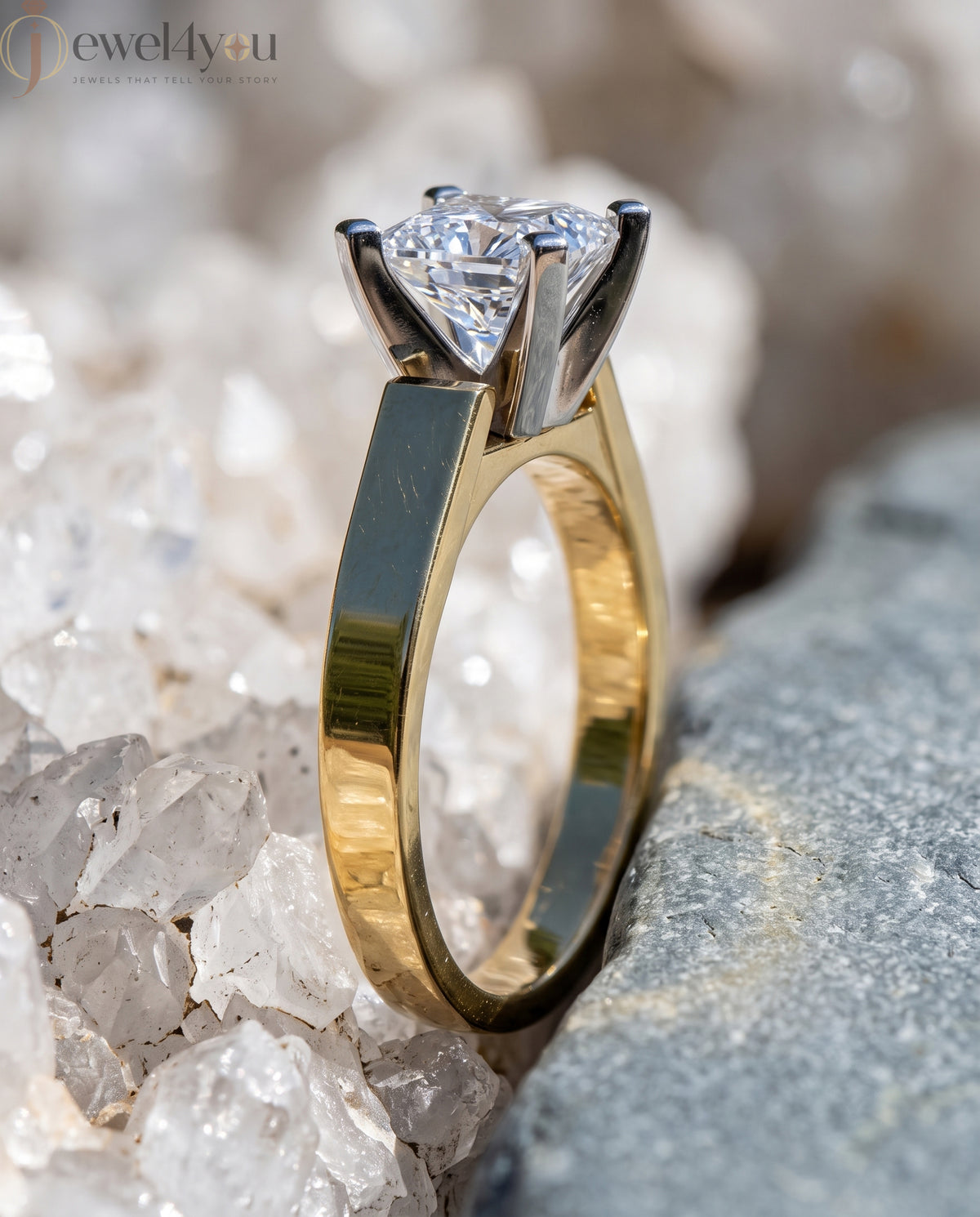 Yellow gold princess-cut solitaire ring with quad corner prongs 