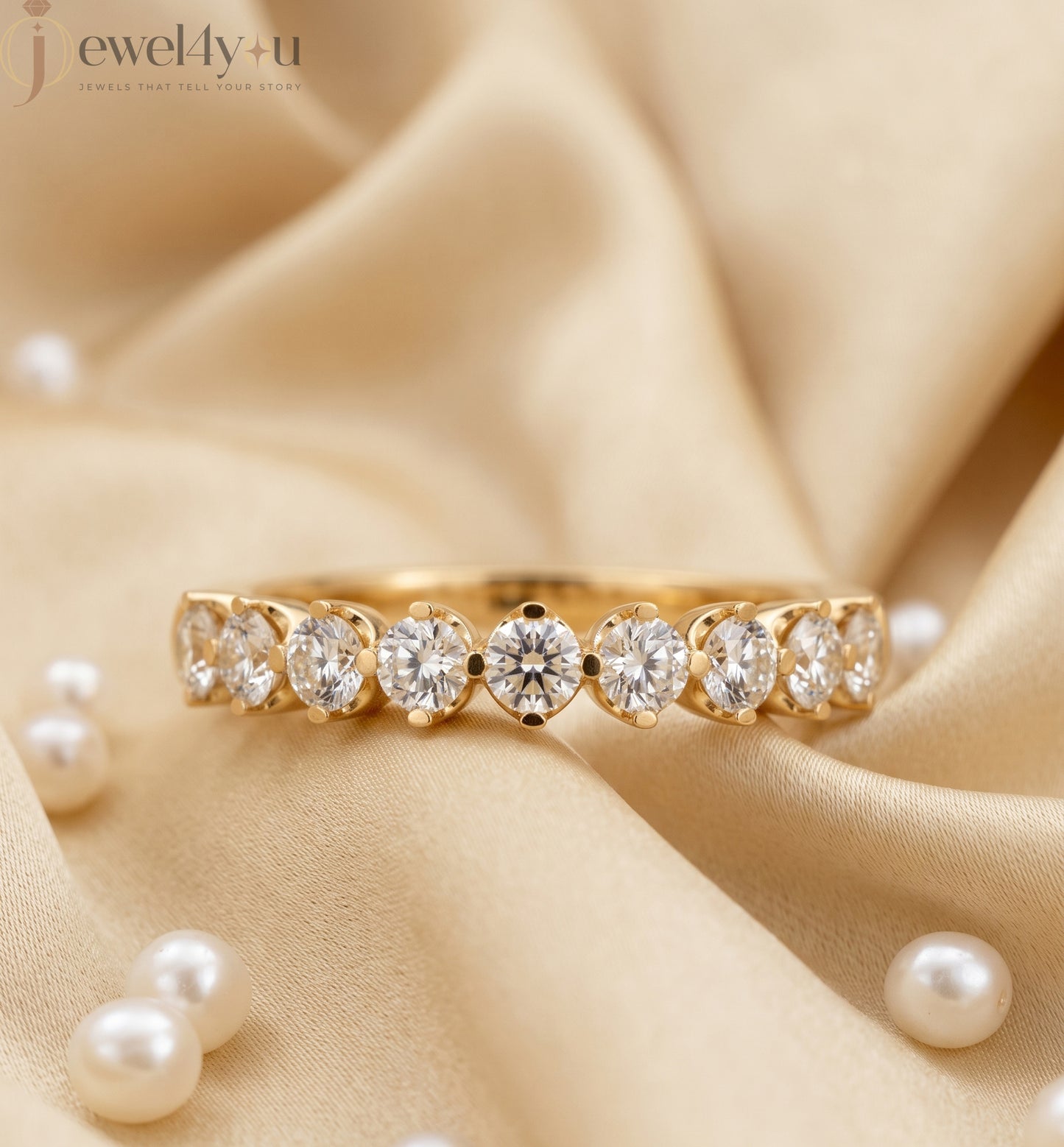 Yellow Gold half eternity lab-grown diamond ring with shared prong settings and D–F color VVS to VS+ clarity diamonds #YELLOW GOLD