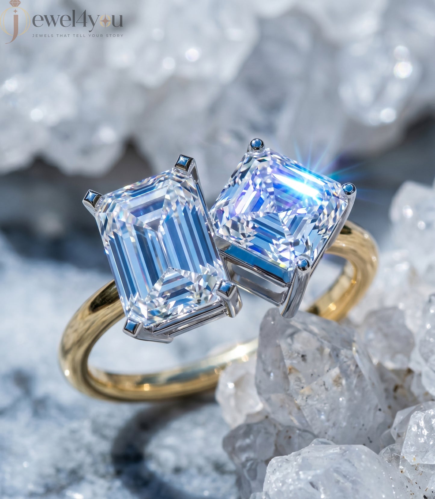 DUAL LAB-GROWN DIAMOND RING WITH RADIANT AND EMERALD CUTS IN YELLOW GOLD BAR SETTING ##YELLOW GOLD
