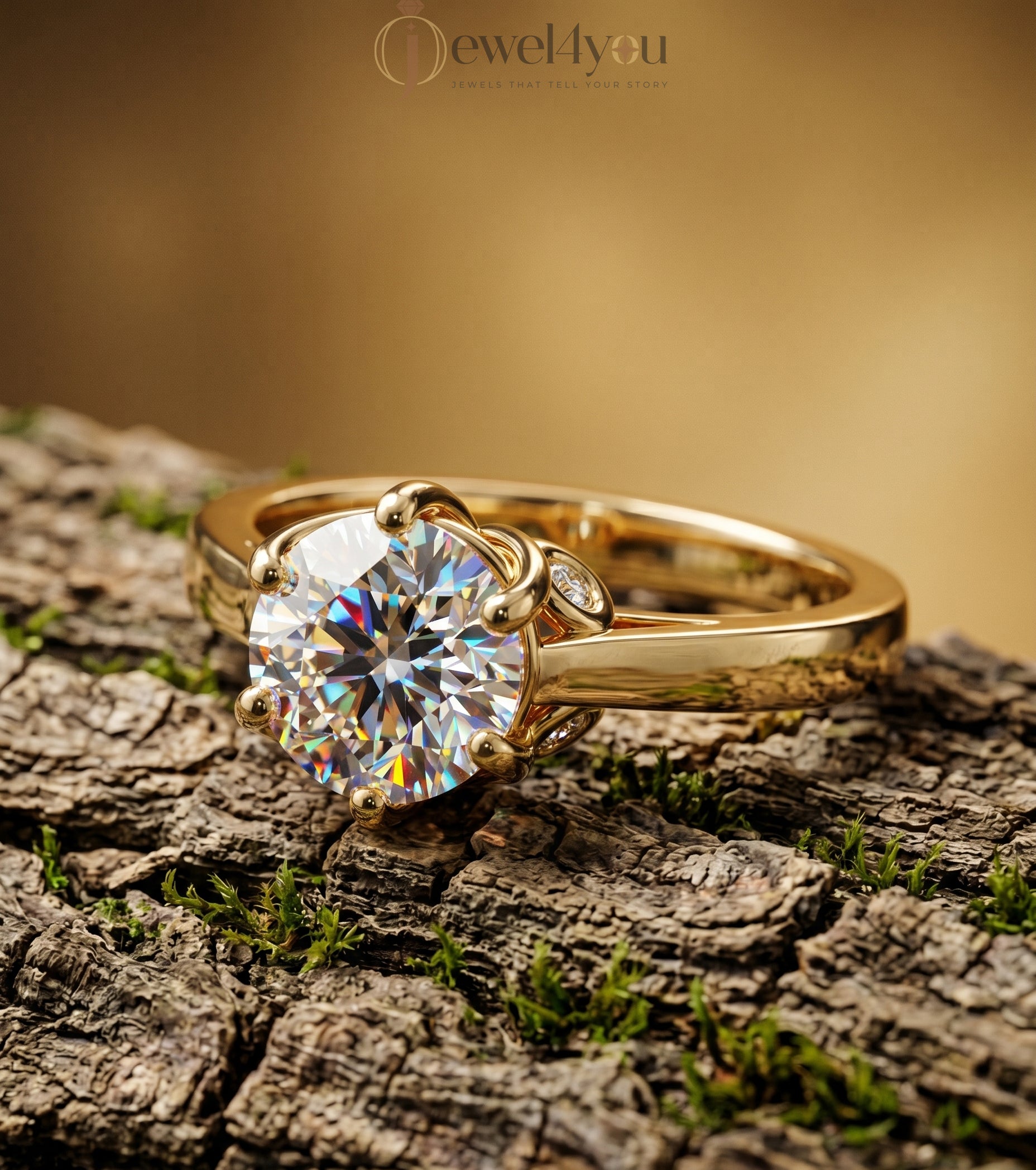 Yellow gold round solitaire engagement ring with six prongs and smooth plain shank #YELLOW GOLD