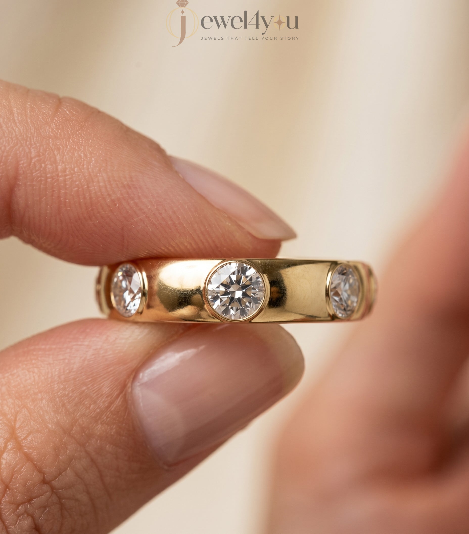 Yellow gold bezel lab-grown diamond ring band showcasing evenly spaced round D–F color VVS to VS+ clarity diamonds #YELLOW GOLD