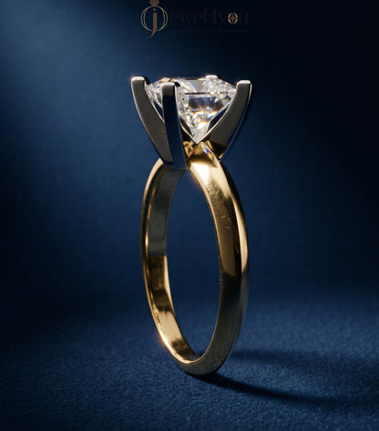 Yellow gold solitaire ring with elevated cathedral setting and V-style prongs #YELLOW GOLD
