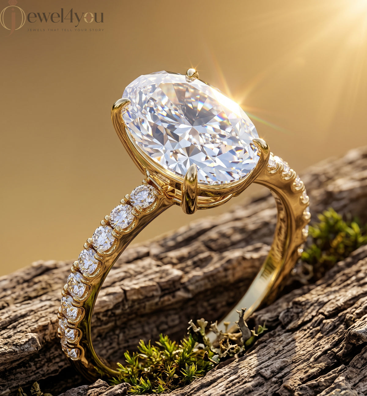 OVAL-CUT SOLITAIRE LAB-GROWN DIAMOND RING IN YELLOW GOLD WITH ROUND-CUT 