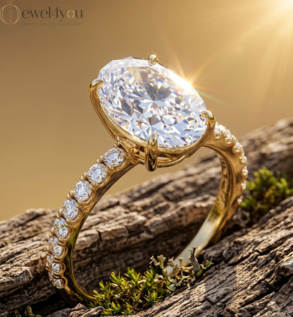 OVAL-CUT SOLITAIRE LAB-GROWN DIAMOND RING IN YELLOW GOLD WITH ROUND-CUT 
