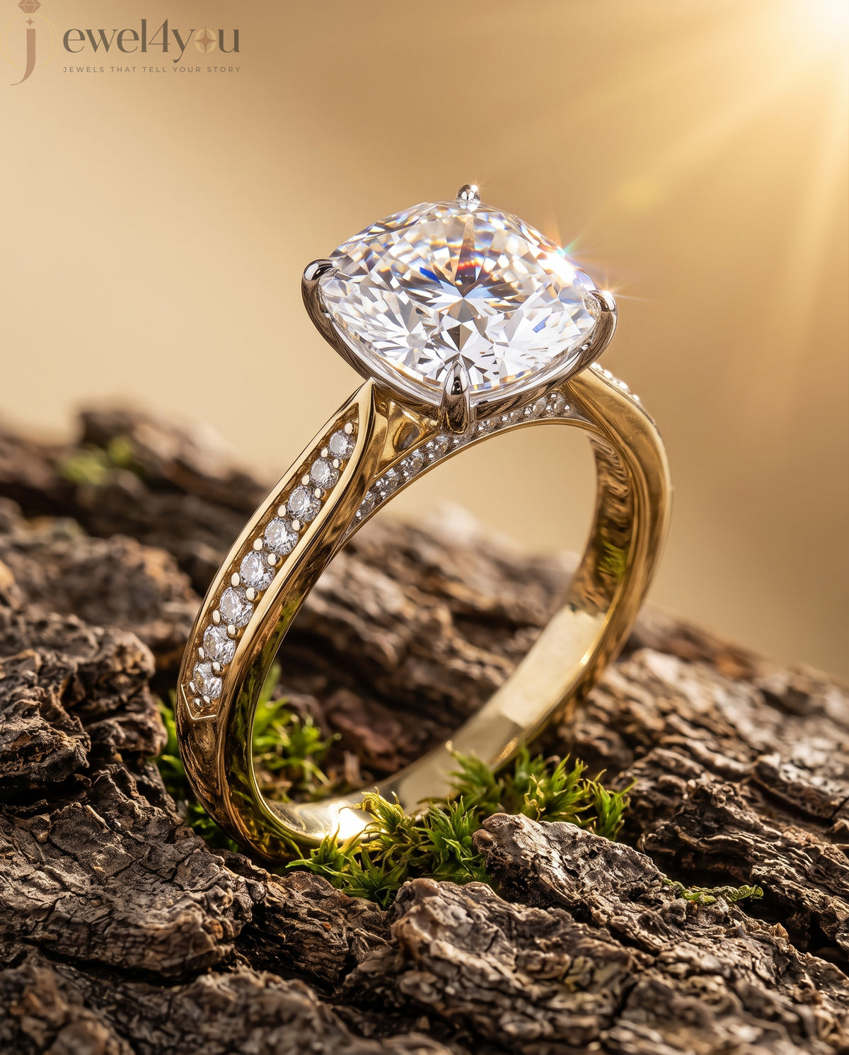 CUSHION-CUT LAB-GROWN DIAMOND SOLITAIRE ENGAGEMENT RING WITH ROUND ACCENT DIAMONDS IN YELLOW GOLD ## YELLOW GOLD