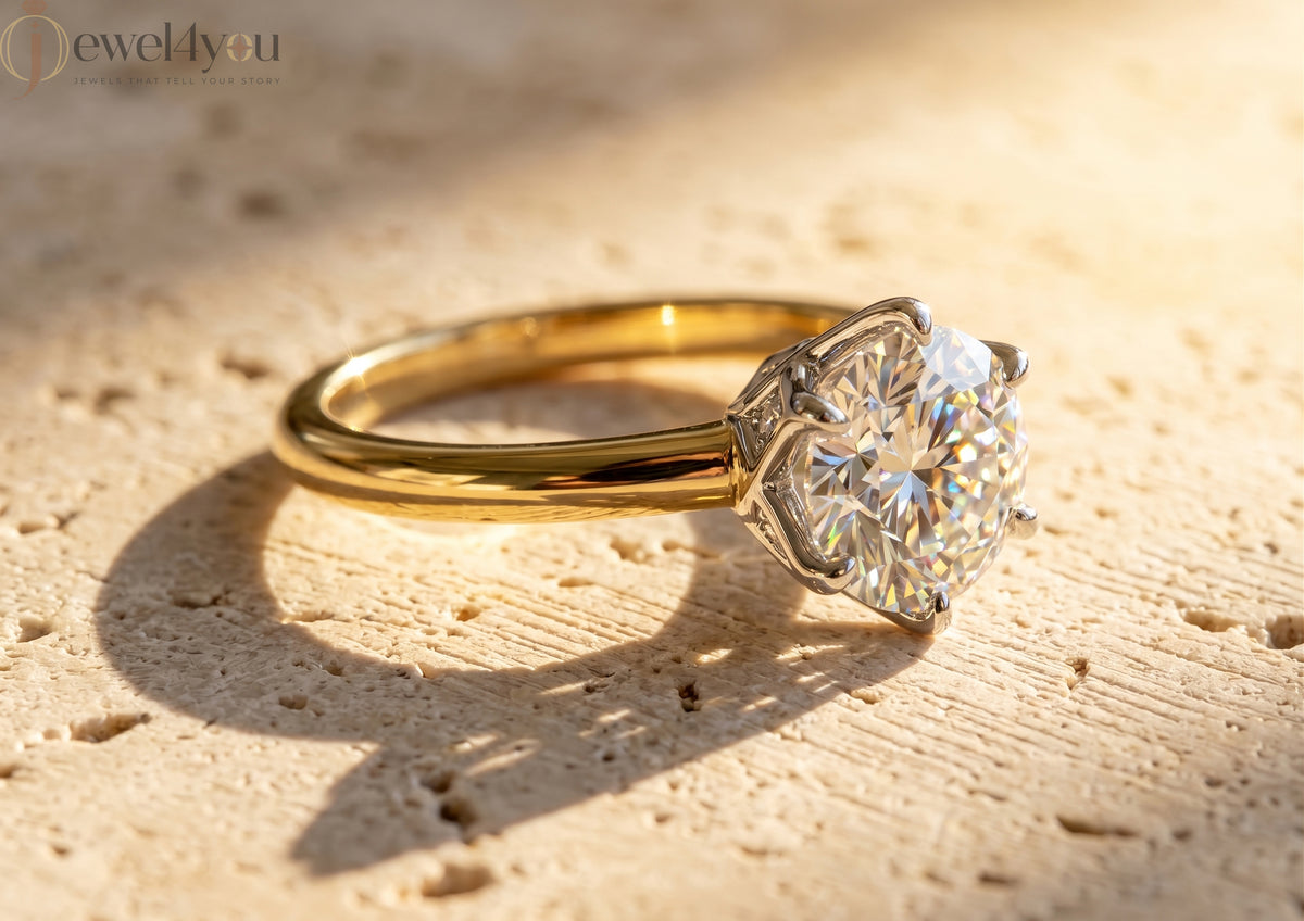 Yellow Gold band with white gold lotus crown holding a round lab-grown diamond solitaire and side gallery diamonds #YELLOW GOLD