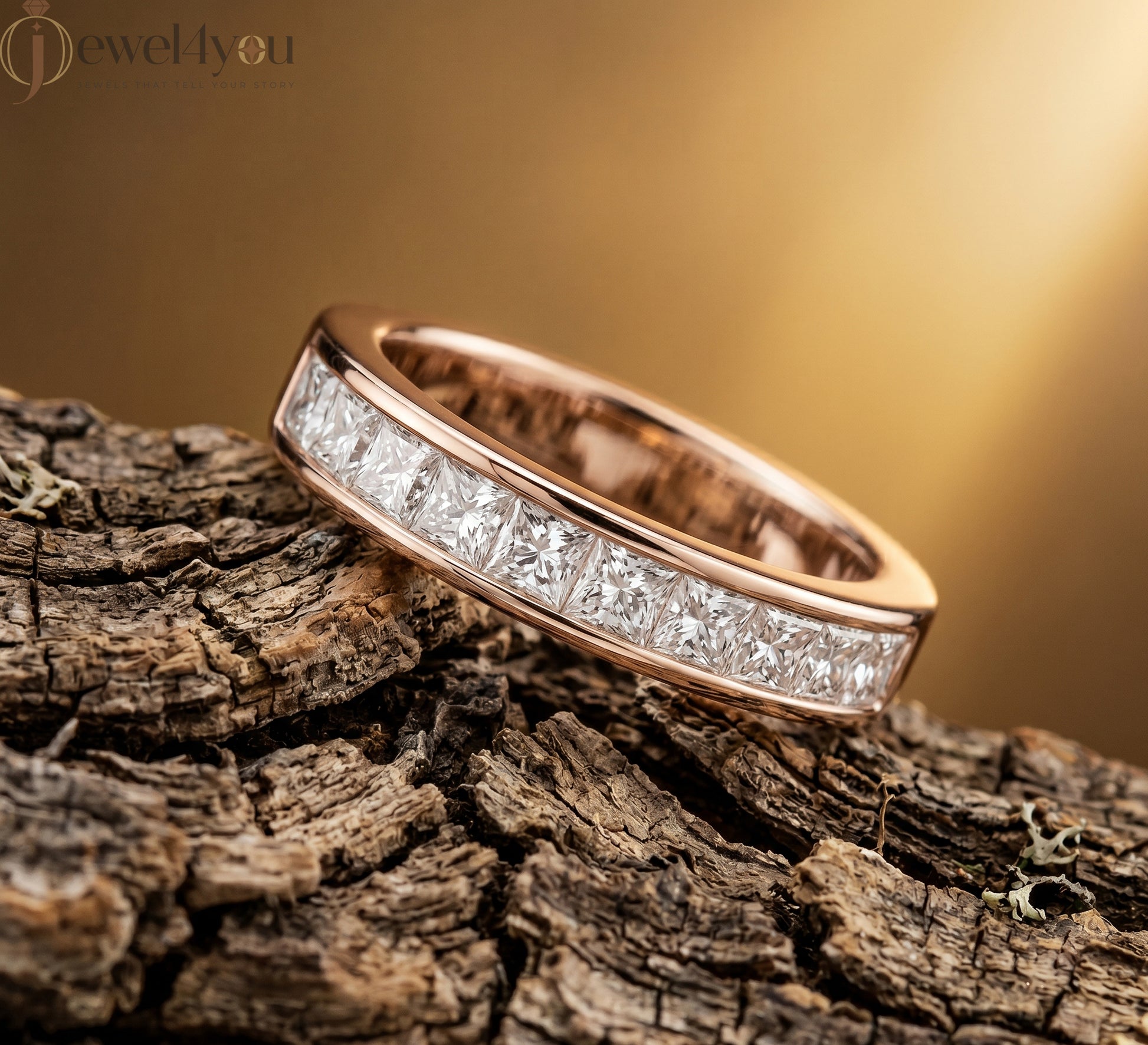 Princess-cut lab-grown diamond ring with inset-flush band design, D–F color VVS to VS+ diamonds in polished rose gold #ROSE GOLD