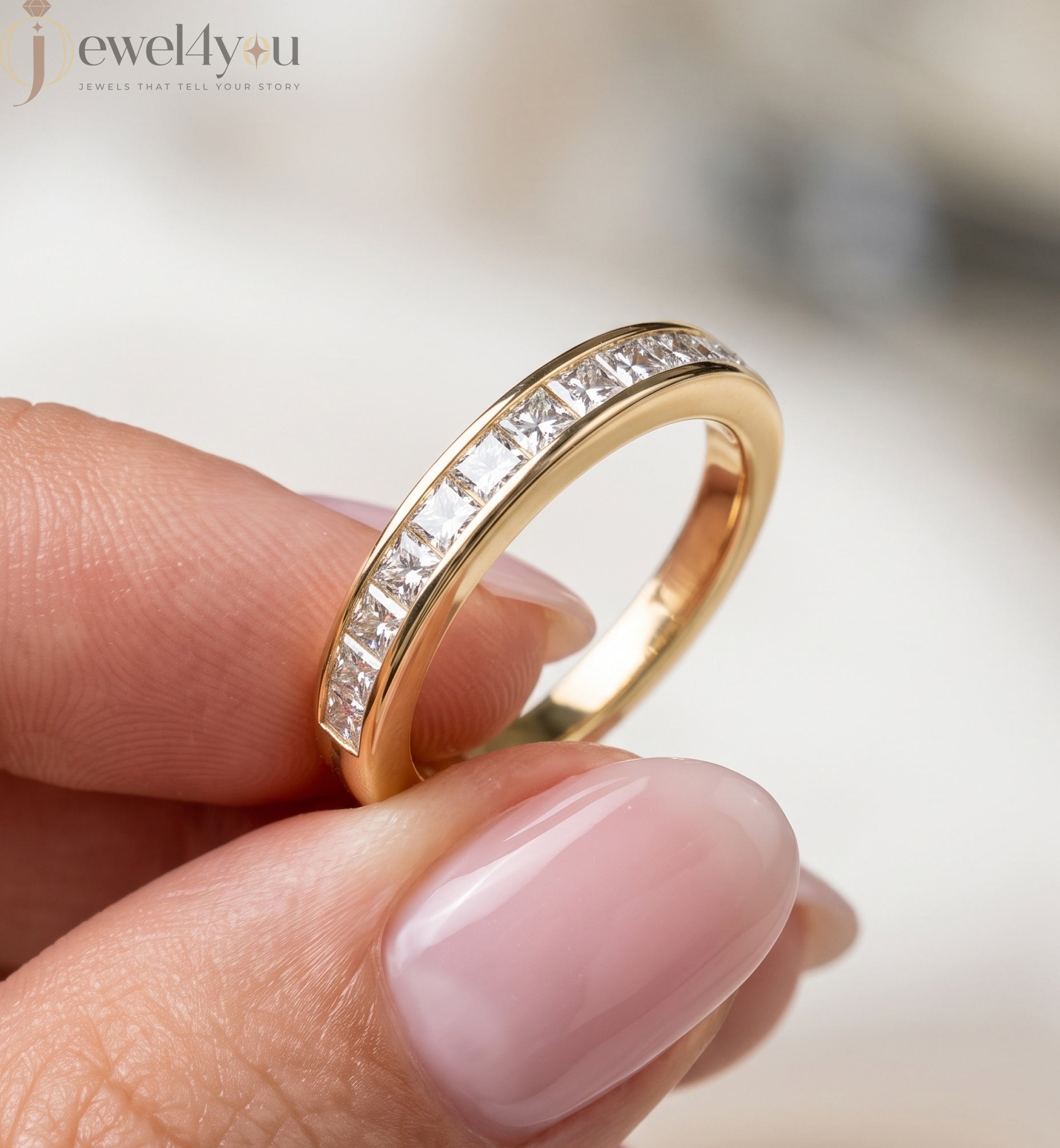 Yellow gold princess-cut lab-grown diamond half eternity band ring with sleek channel-style inset-flush setting and D–F color VVS to VS+ clarity diamonds #YELLOW GOLD