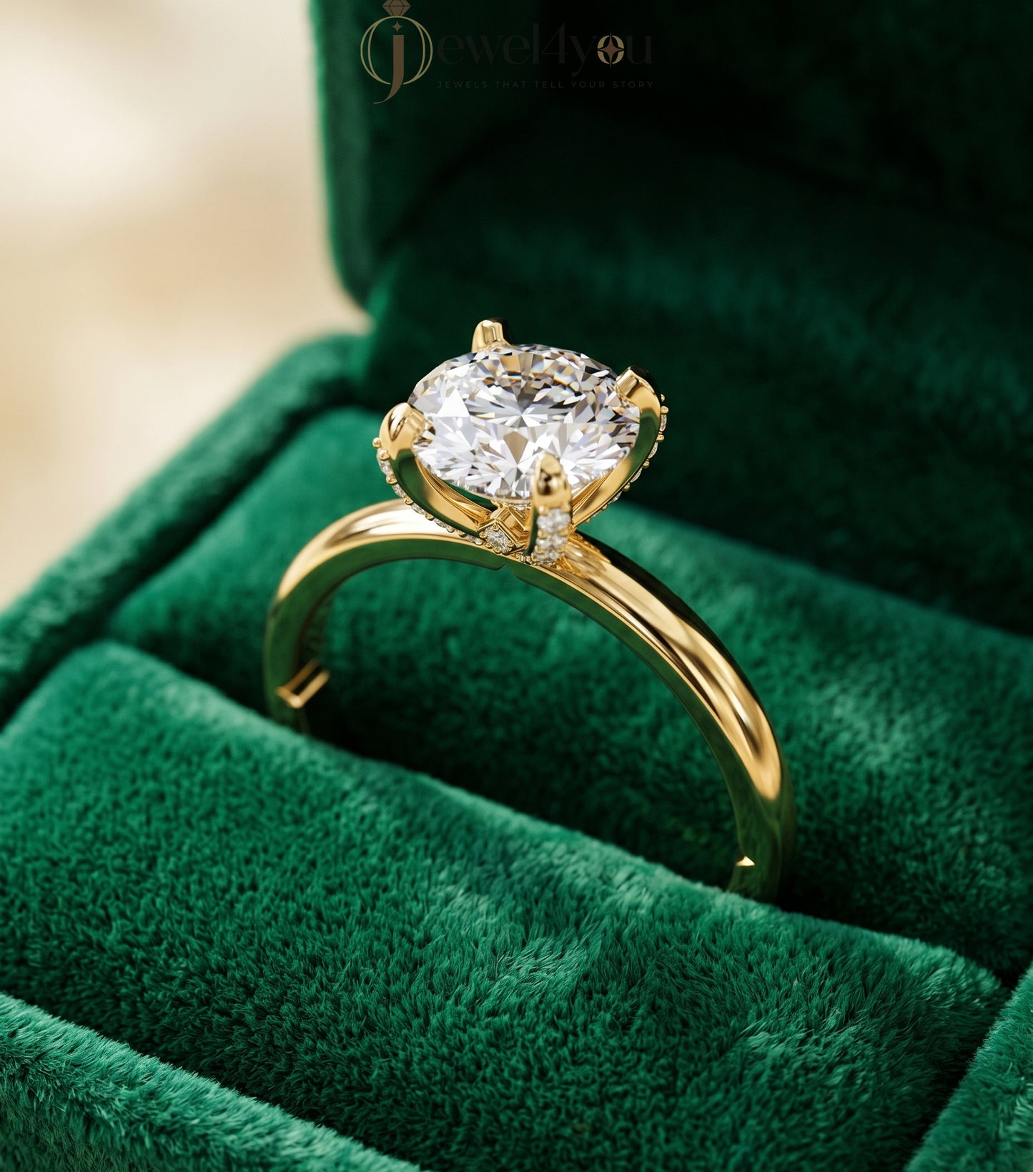 Yellow gold round solitaire ring with four prongs and hidden pave basket #YELLOW GOLD