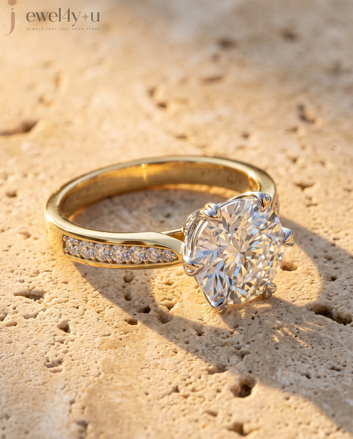 Yellow-gold pave shoulder engagement ring with round solitaire and hidden bridge diamonds #YELLOW GOLD