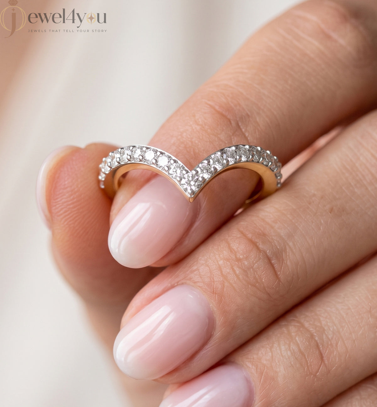 Lab-grown diamond ring with curved V band design, prong-set round diamonds, VVS to VS+ clarity, D–F color, Yellow Gold  finish #YELLOW GOLD