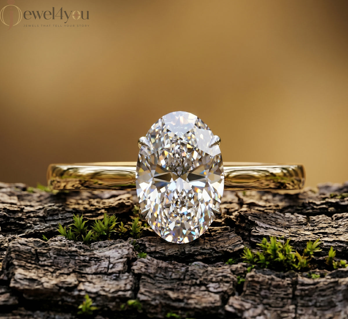 Yellow gold oval diamond solitaire engagement ring with white-gold prong setting #YELLOW GOLD