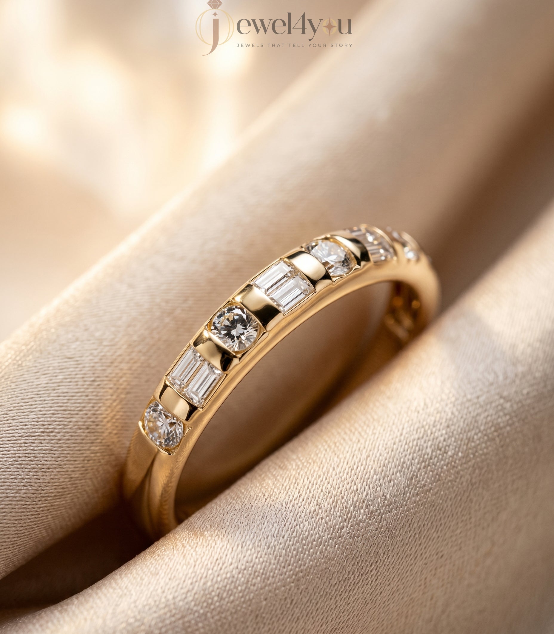 Yellow gold lab-grown diamond band with modern half eternity bar setting and alternating baguette and round D–F color VVS to VS+ clarity diamonds #YELLOW GOLD