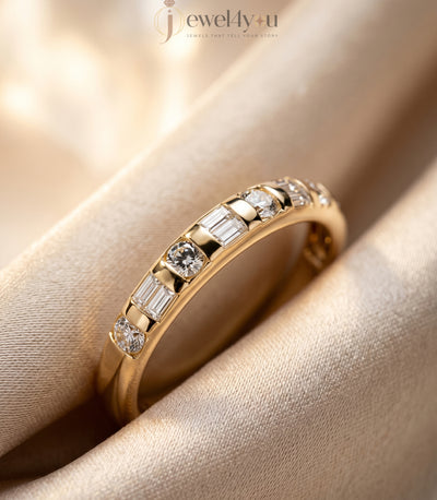 Yellow gold lab-grown diamond band with modern half eternity bar setting and alternating baguette and round D–F color VVS to VS+ clarity diamonds #YELLOW GOLD
