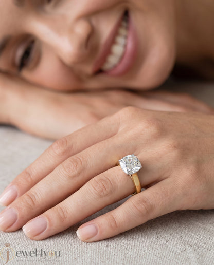 Yellow band cathedral solitaire ring with white basket head #YELLOW GOLD