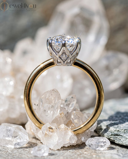 Yellow Gold solitaire lab-grown diamond ring with pear center and white gold lotus crown gallery #YELLOW GOLD
