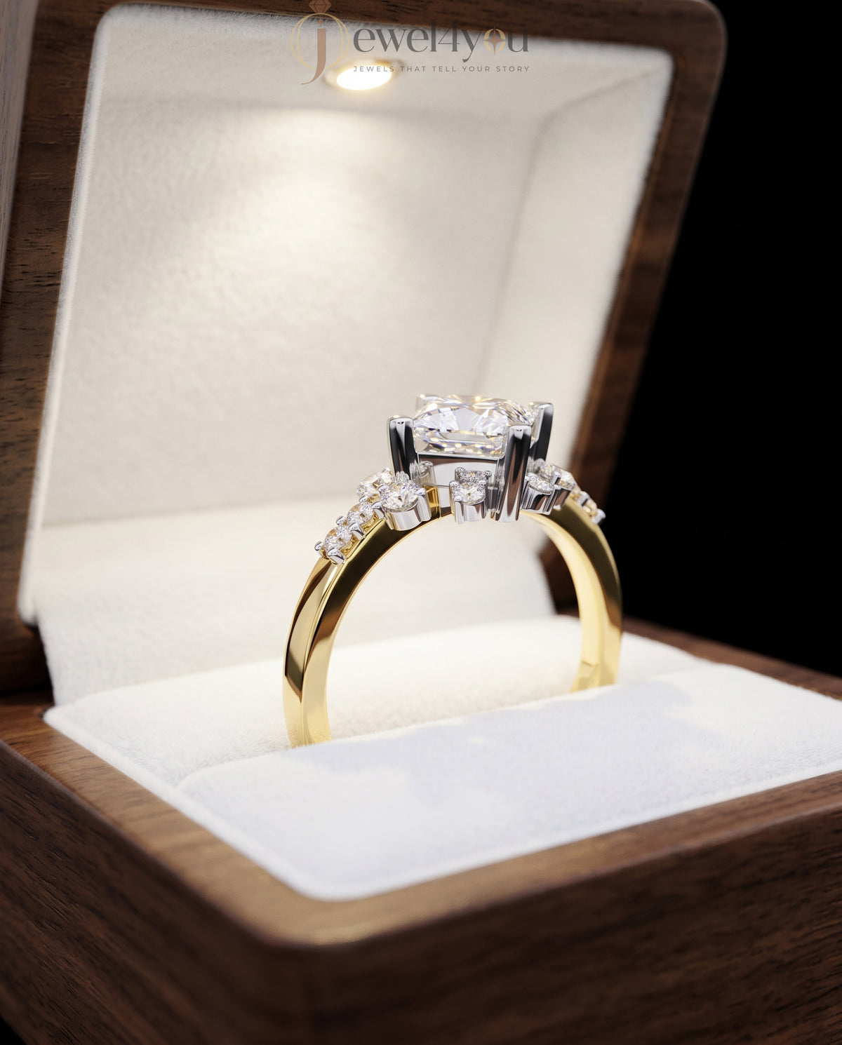 PRINCESS CUT LAB DIAMOND ENGAGEMENT RING WITH VINTAGE CLUSTER SETTING AND ACCENT DIAMONDS IN YELLOW GOLD 