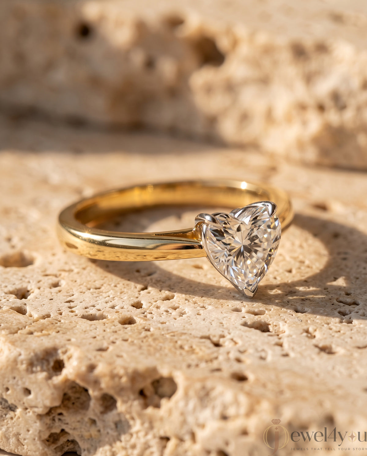 Yellow gold heart diamond solitaire ring with white gold prong setting  #YELLOW GOLD