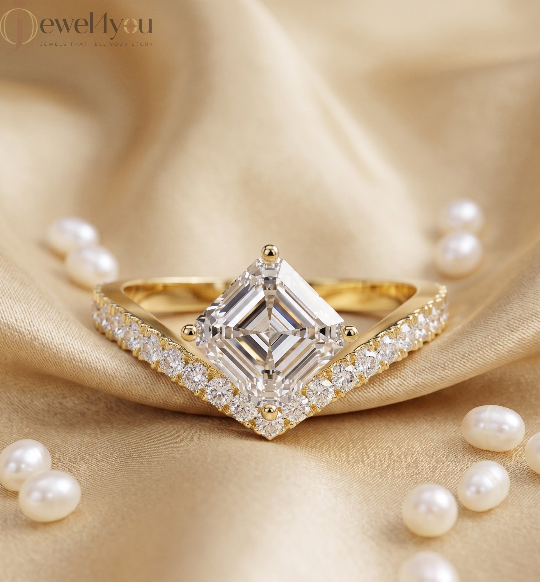 Lab-grown diamond ring with asscher-cut center, V-shaped chevron design, VVS to VS+ clarity, D–F color, Yellow Gold  #YELLOW GOLD