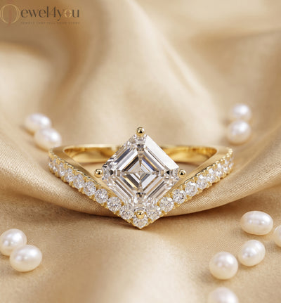 Lab-grown diamond ring with asscher-cut center, V-shaped chevron design, VVS to VS+ clarity, D–F color, Yellow Gold  #YELLOW GOLD