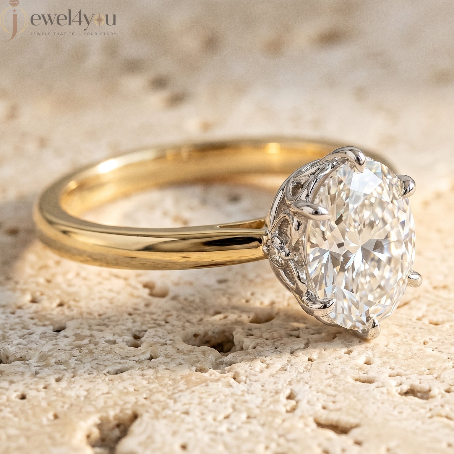 Yellow Gold lab-grown diamond ring with White Gold prong setting, showcasing brilliant oval center stone #YELLOW GOLD