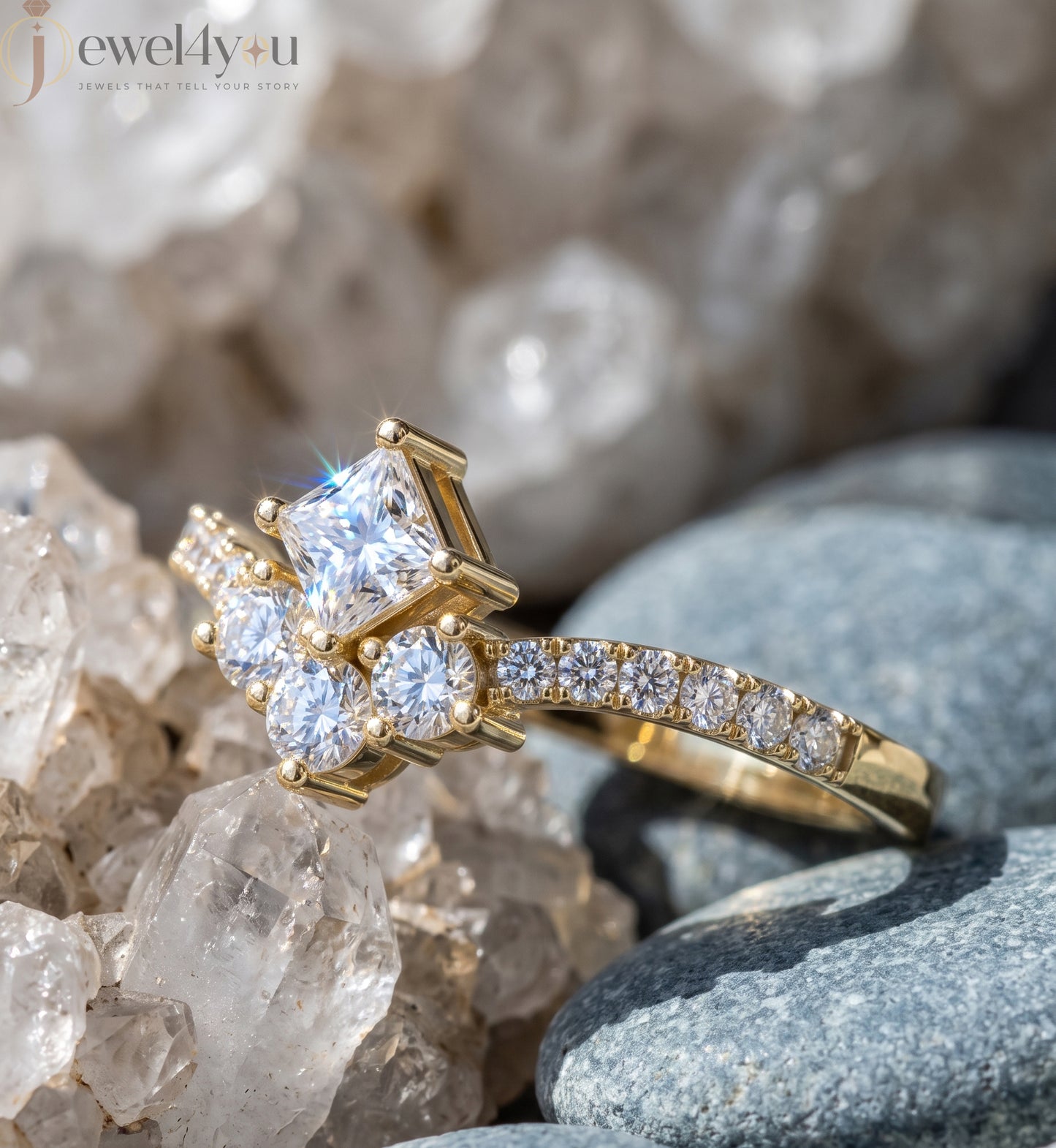 Lab-grown diamond ring with V-shaped cluster design, princess and round diamonds, VVS to VS+ clarity, D–F color, Yellow Gold #YELLOW GOLD