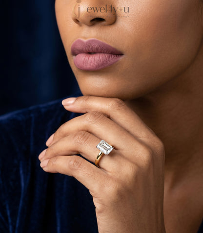Yellow gold cathedral solitaire ring with white head and emerald-cut stone in four-prong basket #YELLOW GOLD