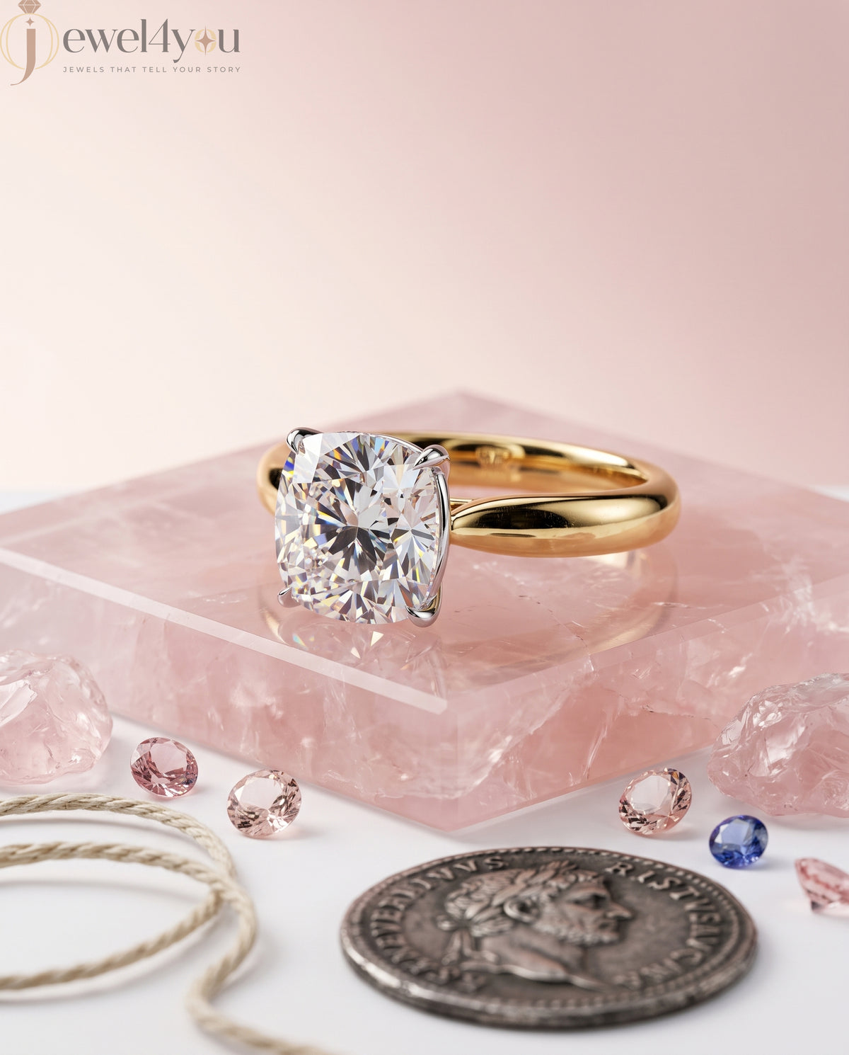 Yellow band cathedral solitaire ring with white basket head #YELLOW GOLD