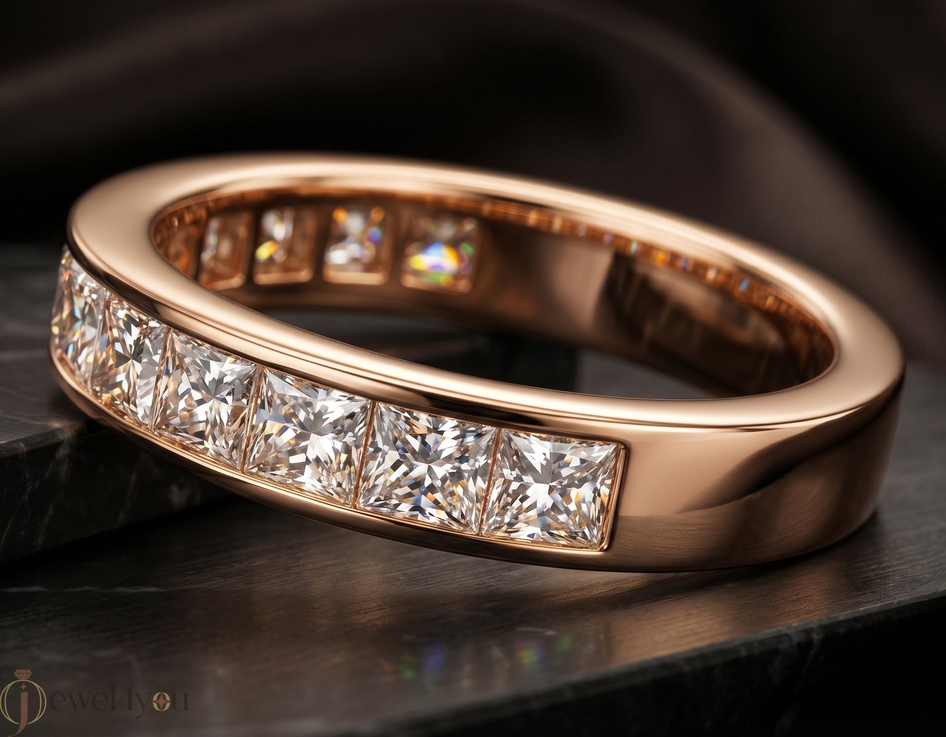Princess-cut lab-grown diamond ring with inset-flush band design, D–F color VVS to VS+ diamonds in polished rose gold #ROSE GOLD