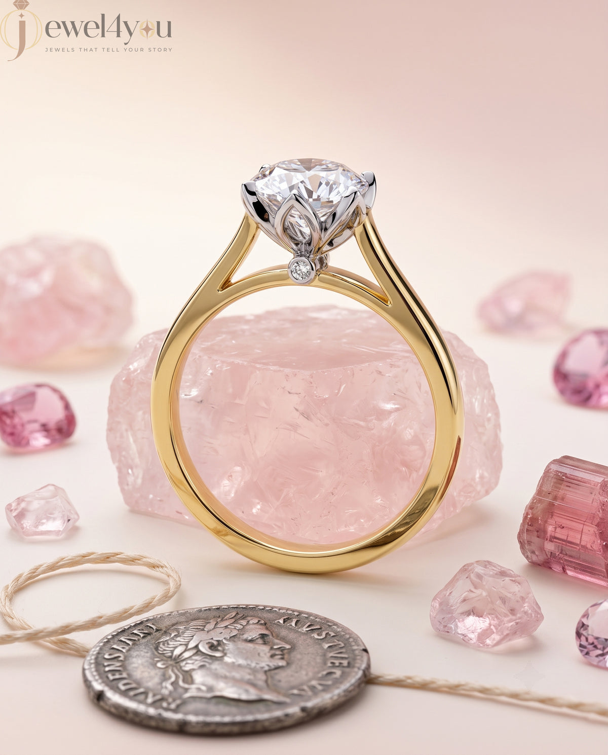 Round solitaire engagement ring with 6-prong white head and yellow-tone polished band #YELLOW GOLD