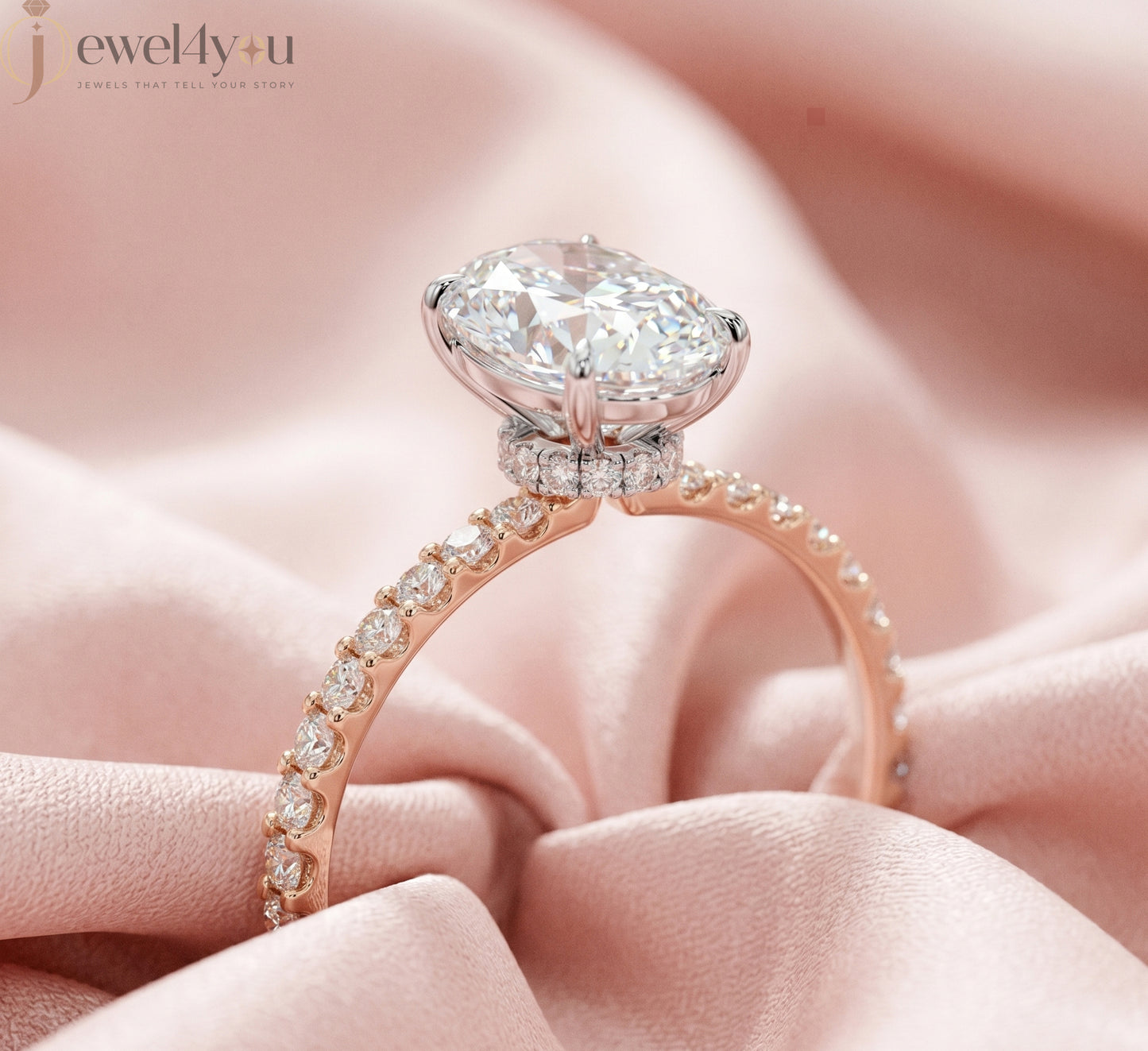 OVAL-CUT LAB-GROWN DIAMOND RING WITH ROUND-ACCENT BAND IN ROSE GOLD ##ROSE GOLD