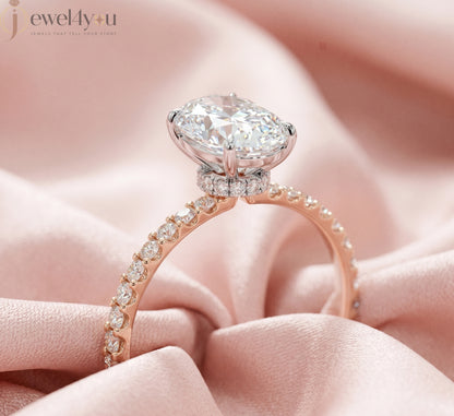 OVAL-CUT LAB-GROWN DIAMOND RING WITH ROUND-ACCENT BAND IN ROSE GOLD 