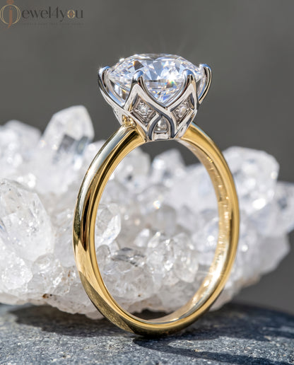 Yellow Gold band with white gold lotus crown holding a round lab-grown diamond solitaire and side gallery diamonds #YELLOW GOLD