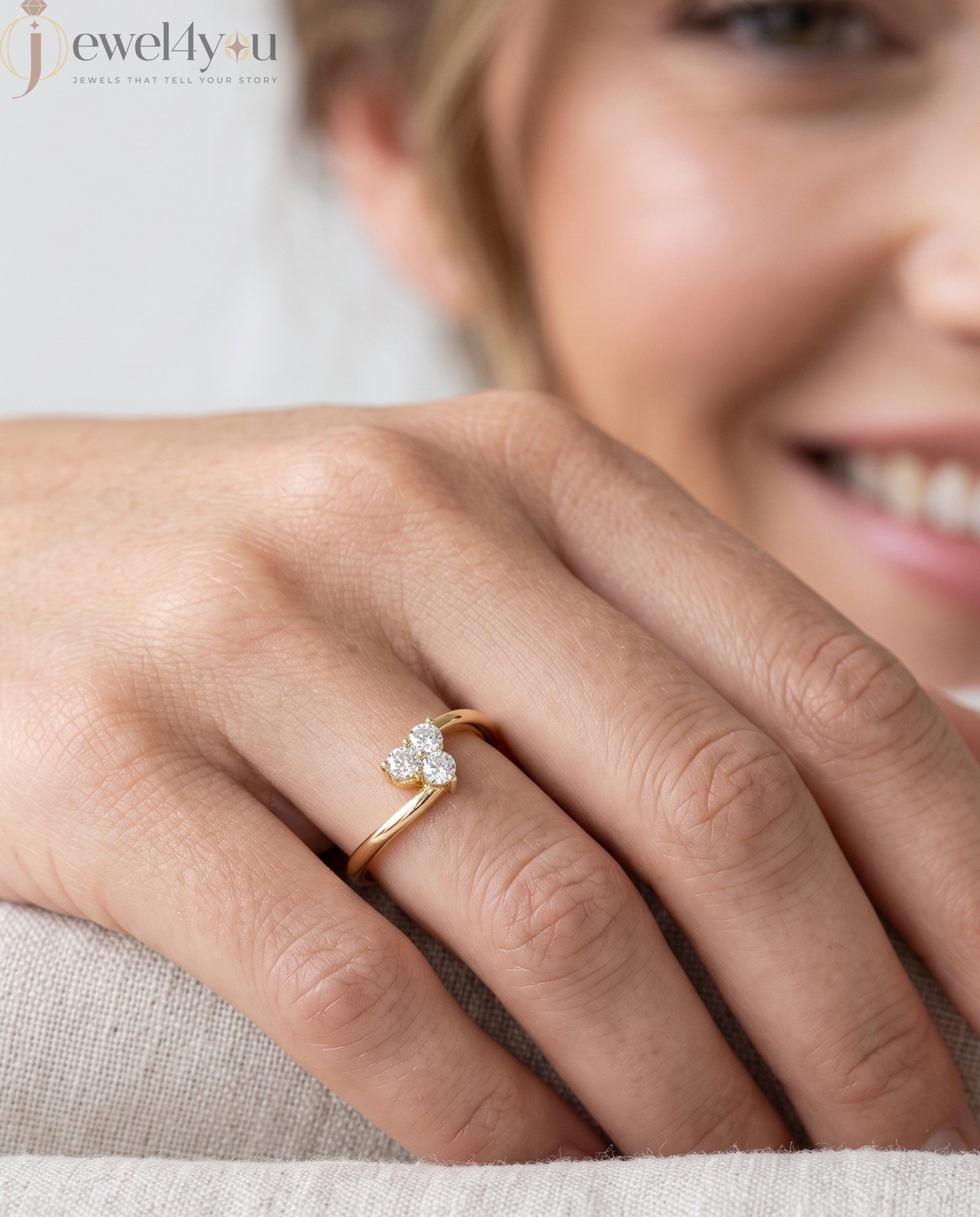 Lab-grown diamond ring with elegant bypass band and three-round diamond cluster design, VVS to VS+ clarity, D–F color, Yellow Gold #YELLOW GOLD