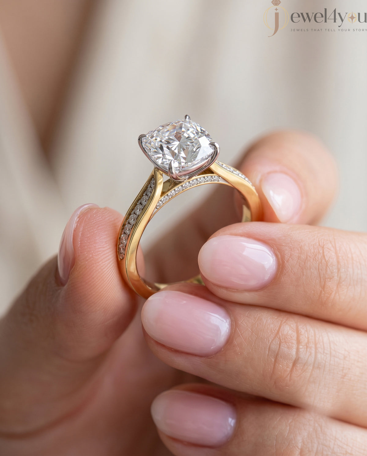 CUSHION-CUT LAB-GROWN DIAMOND SOLITAIRE ENGAGEMENT RING WITH ROUND ACCENT DIAMONDS IN YELLOW GOLD ## YELLOW GOLD