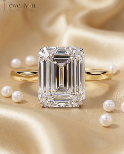 YELLOW GOLD EMERALD -CUT LAB-GROWN DIAMOND ENGAGEMENT RING 
