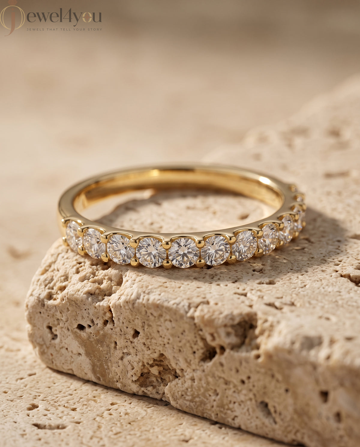Yellow gold lab-grown diamond ring featuring half eternity prong-set D–F color, VVS clarity diamonds #YELLOW GOLD