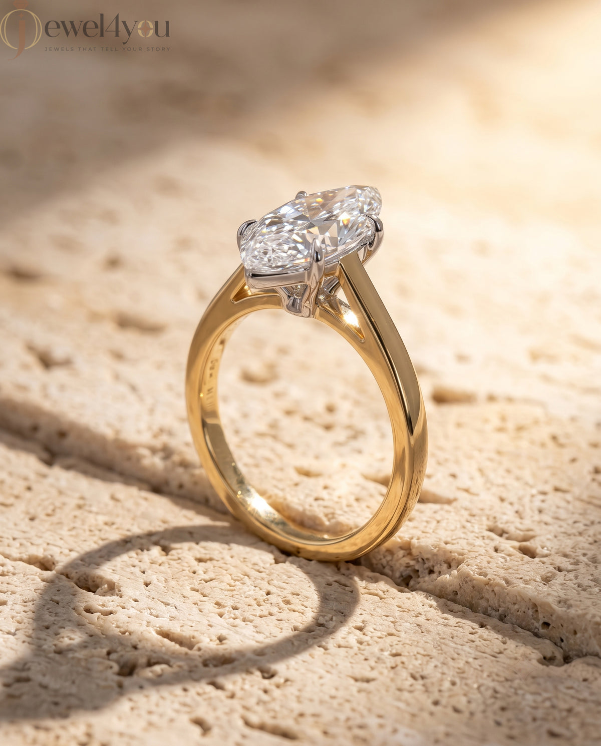 Marquise diamond cathedral solitaire engagement ring in yellow gold with white prongs #YELLOW GOLD