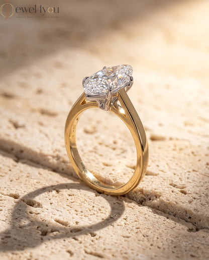 Marquise diamond cathedral solitaire engagement ring in yellow gold with white prongs #YELLOW GOLD
