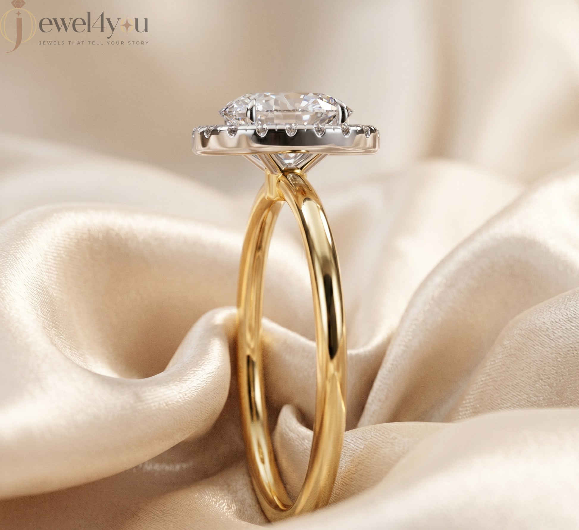 YELLOW GOLD WITH OVAL CENTER AND ROUND HALO 