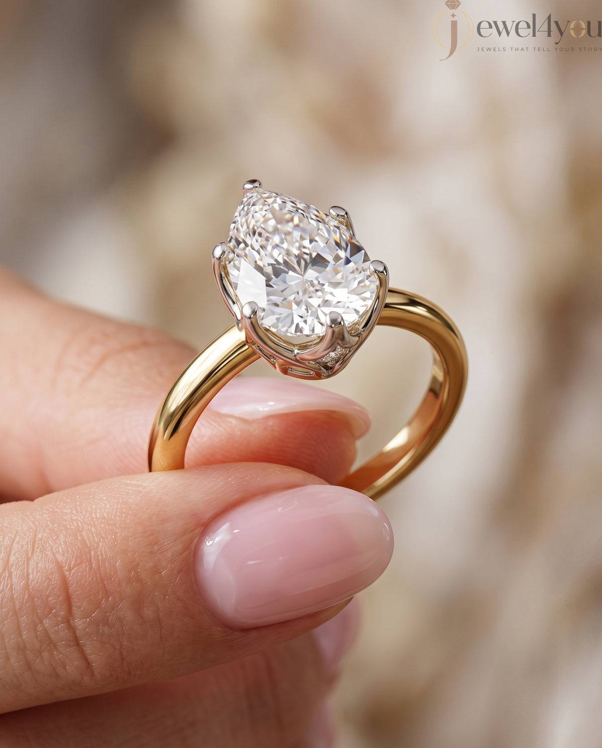 Yellow Gold solitaire lab-grown diamond ring with pear center and white gold lotus crown gallery #YELLOW GOLD