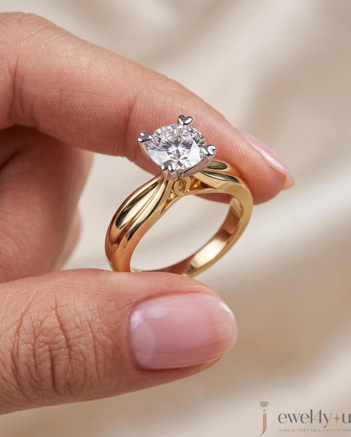 Yellow Gold engagement lab-grown ring with round solitaire and White Gold heart-prong setting, VVS clarity D–F color diamond #YELLOW GOLD