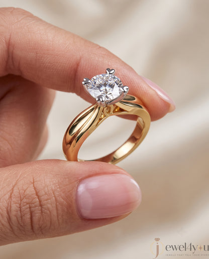 Yellow Gold engagement lab-grown ring with round solitaire and White Gold heart-prong setting, VVS clarity D–F color diamond #YELLOW GOLD