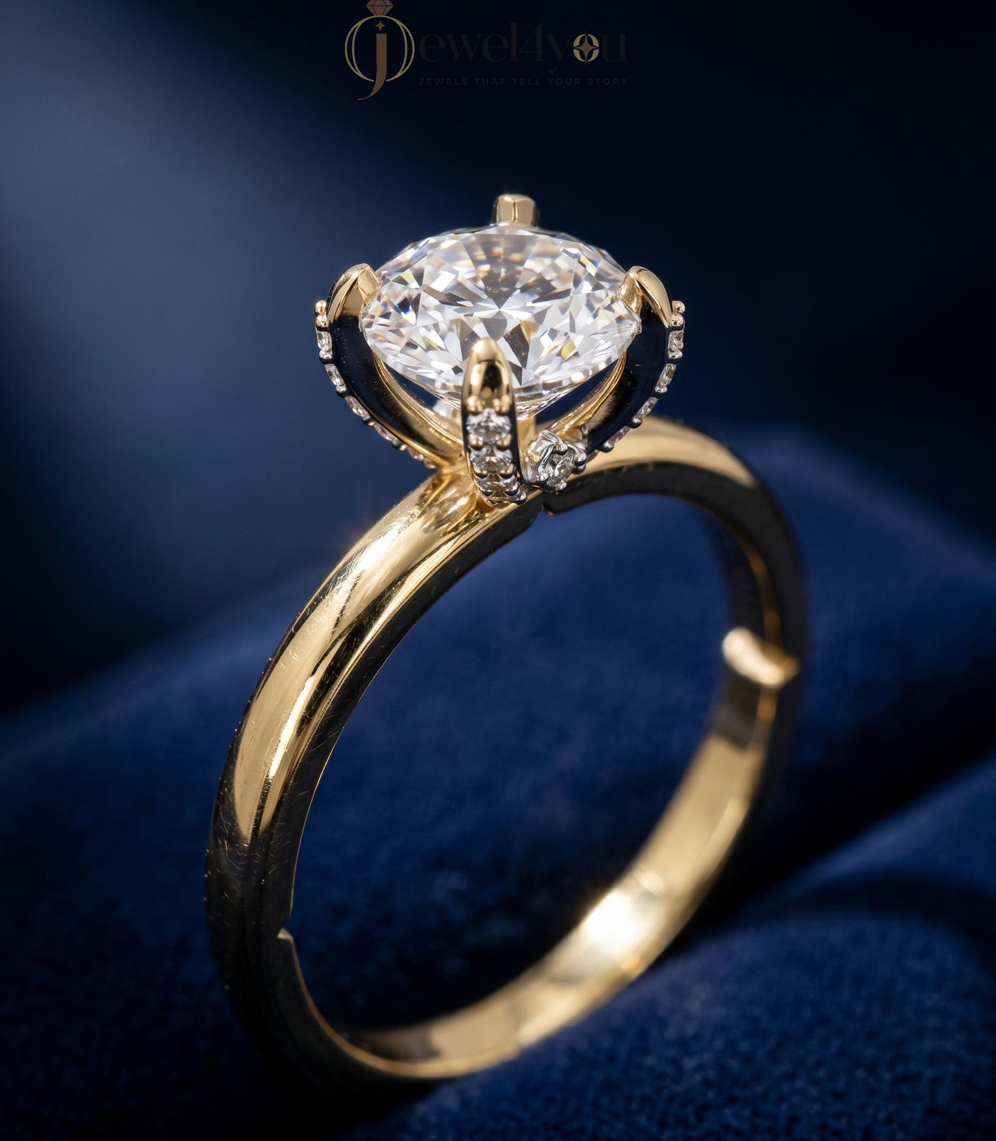 Yellow gold round solitaire ring with four prongs and hidden pave basket #YELLOW GOLD