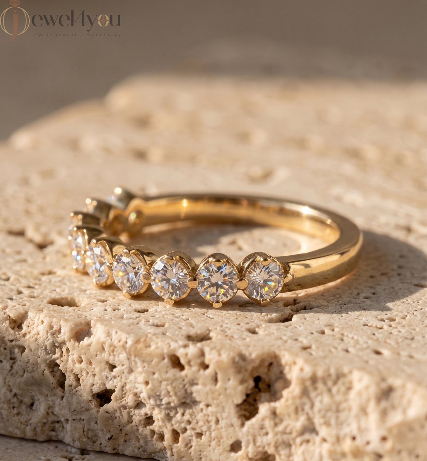 Yellow Gold half eternity lab-grown diamond ring with shared prong settings and D–F color VVS to VS+ clarity diamonds #YELLOW GOLD
