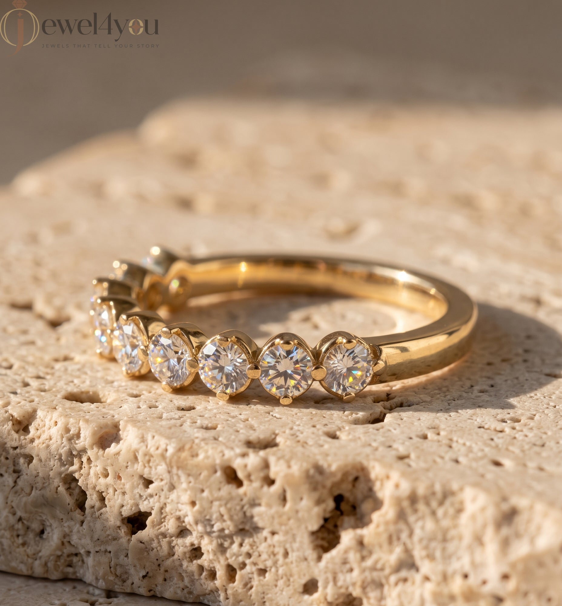 Yellow Gold half eternity lab-grown diamond ring with shared prong settings and D–F color VVS to VS+ clarity diamonds #YELLOW GOLD