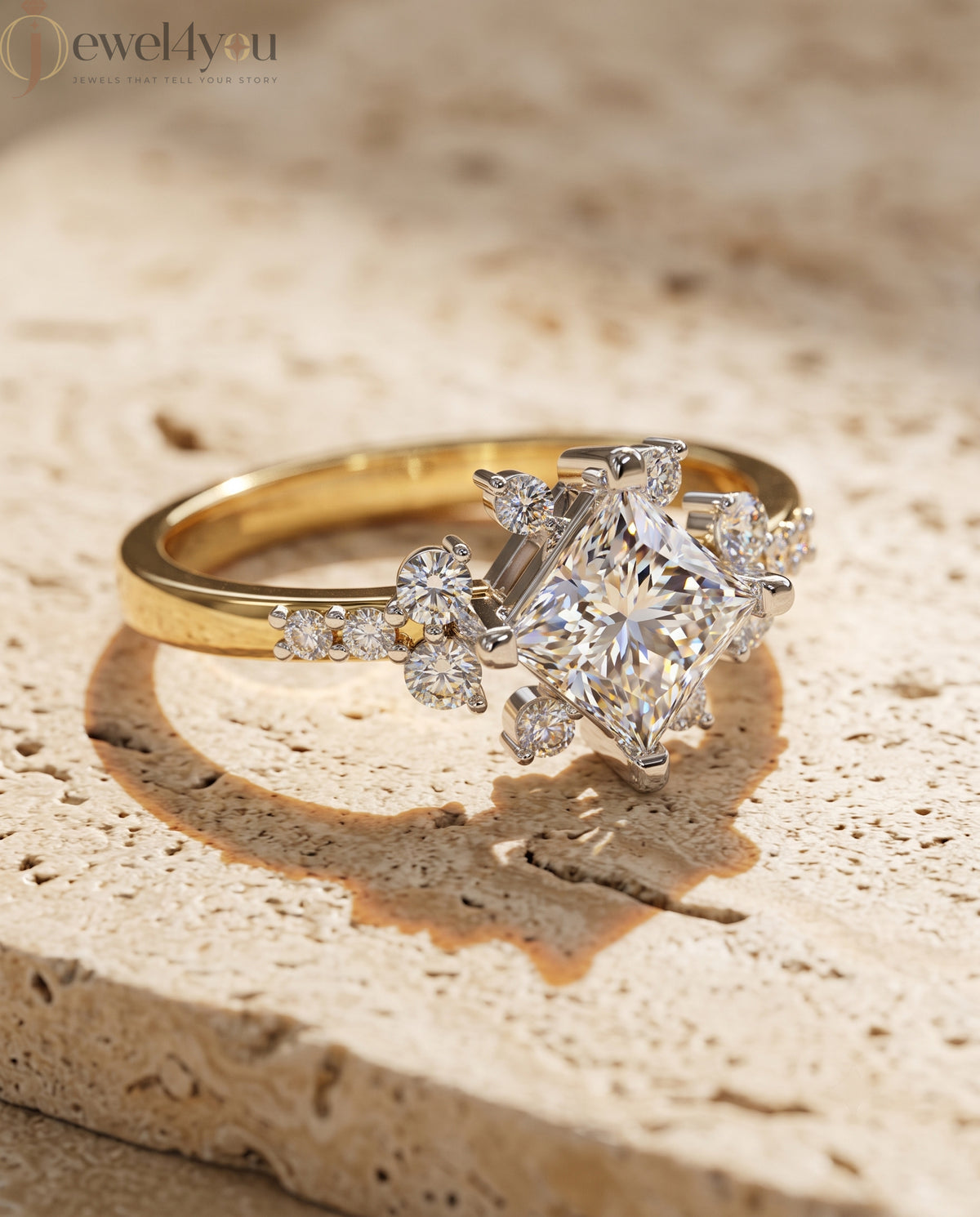 PRINCESS CUT LAB DIAMOND ENGAGEMENT RING WITH VINTAGE CLUSTER SETTING AND ACCENT DIAMONDS IN YELLOW GOLD 