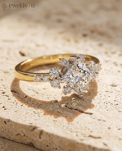 PRINCESS CUT LAB DIAMOND ENGAGEMENT RING WITH VINTAGE CLUSTER SETTING AND ACCENT DIAMONDS IN YELLOW GOLD 